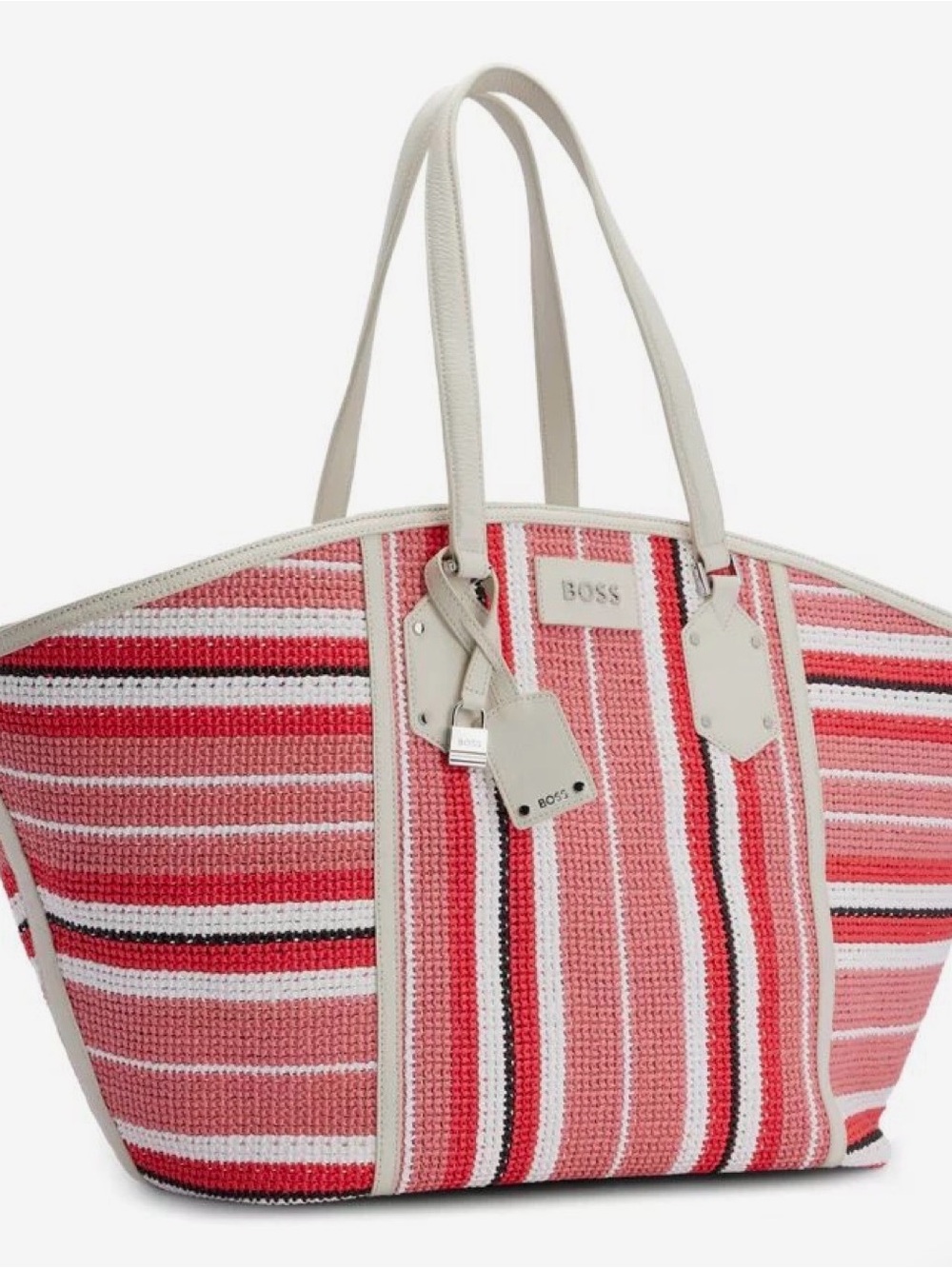 BOSS Pink and Red Striped Large Tote with Cream Trim